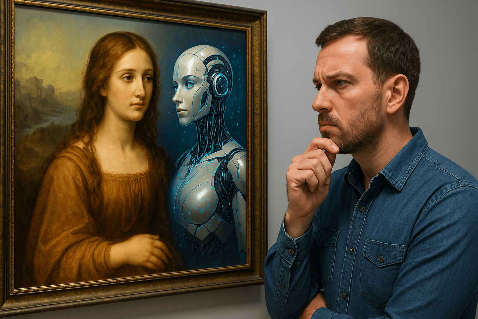 Quadros hiper-realistas criados por inteligência artificial em uma galeria de arte moderna.