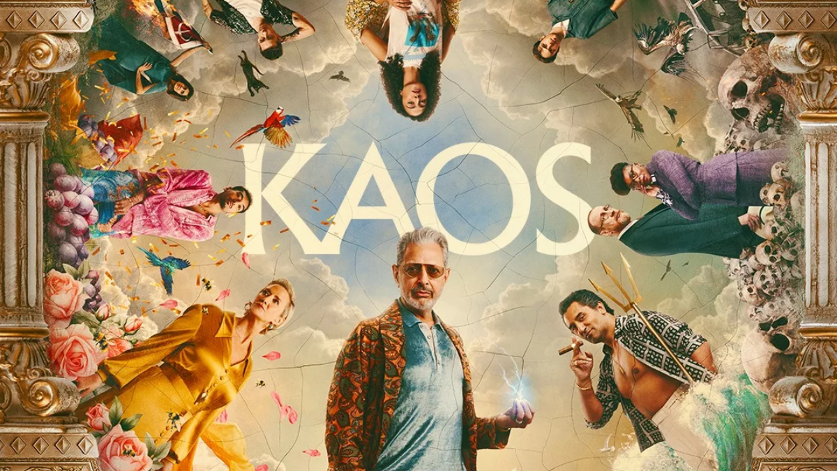 Cena da série Kaos mostrando deuses em ambiente moderno