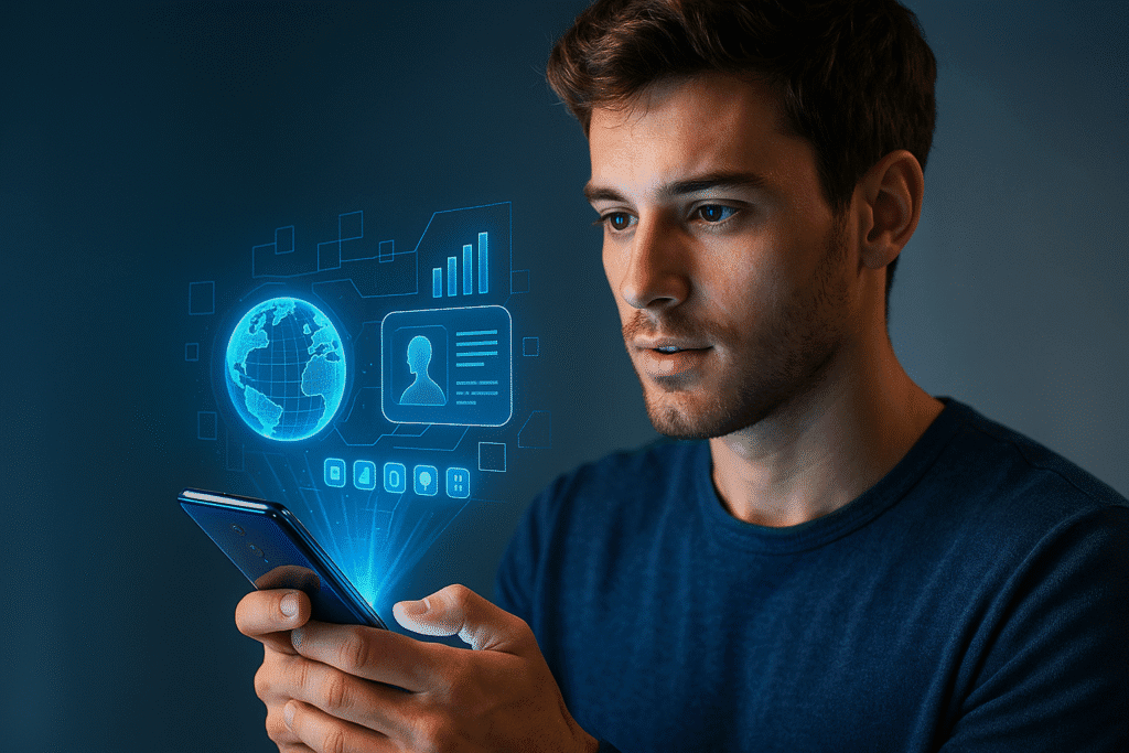 Imagem mostrando um smartphone ultrafino, transparente e com projeções holográficas flutuantes em ambiente urbano moderno, representando as tecnologias previstas para 2030.