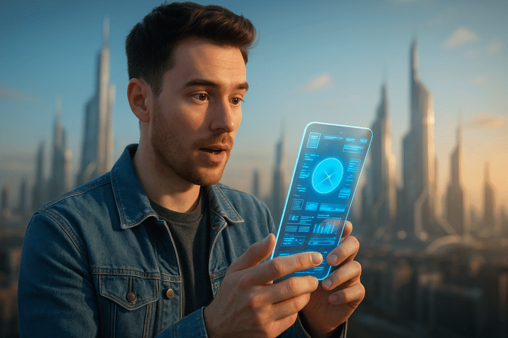 Imagem mostrando um smartphone ultrafino, transparente e com projeções holográficas flutuantes em ambiente urbano moderno, representando as tecnologias previstas para 2030.
