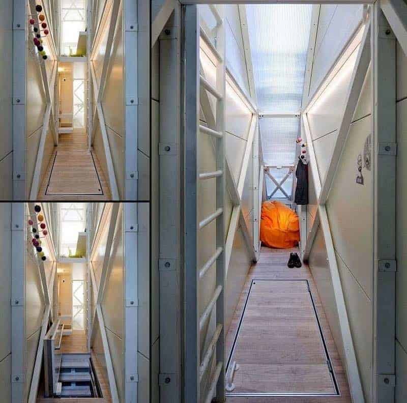 Vista seccionada da Keret House com morador e layout interno em corte.