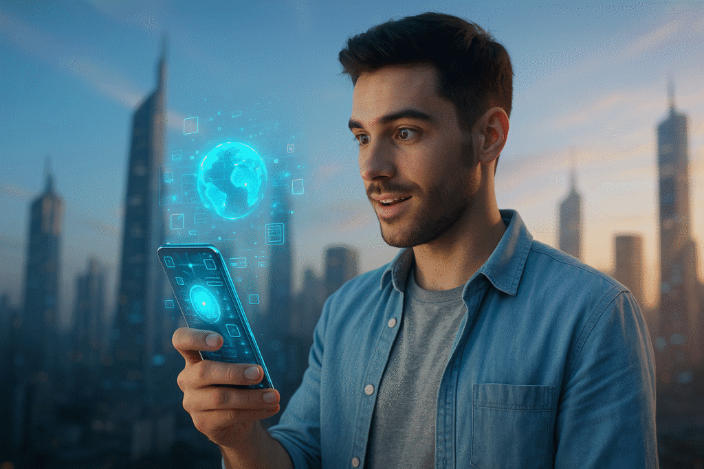 Imagem mostrando um smartphone ultrafino, transparente e com projeções holográficas flutuantes em ambiente urbano moderno, representando as tecnologias previstas para 2030.