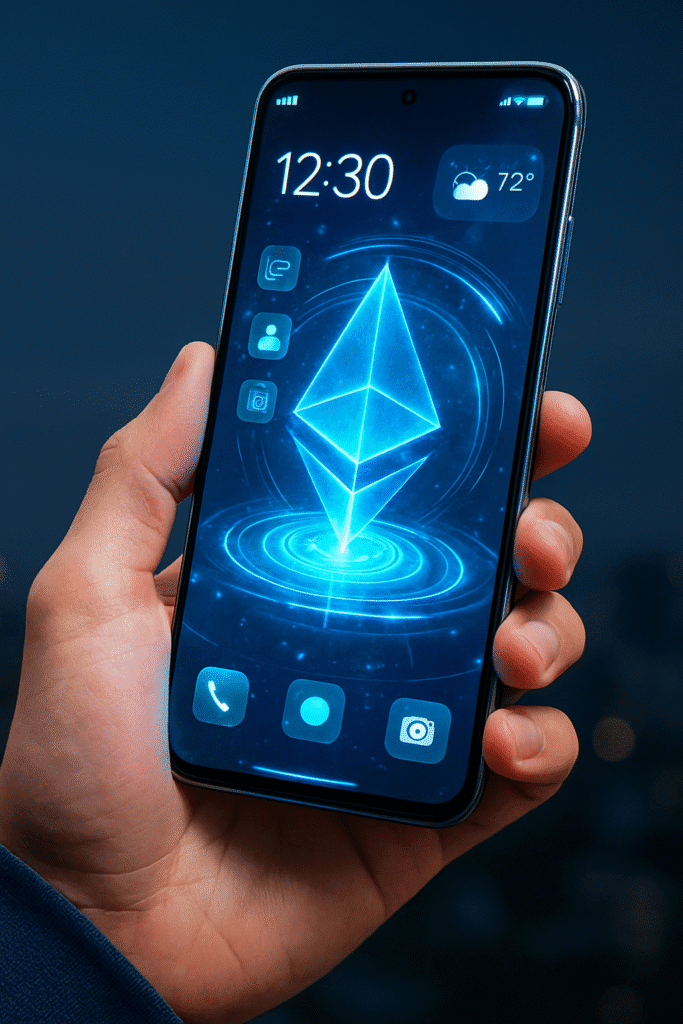 Imagem mostrando um smartphone ultrafino, transparente e com projeções holográficas flutuantes em ambiente urbano moderno, representando as tecnologias previstas para 2030.