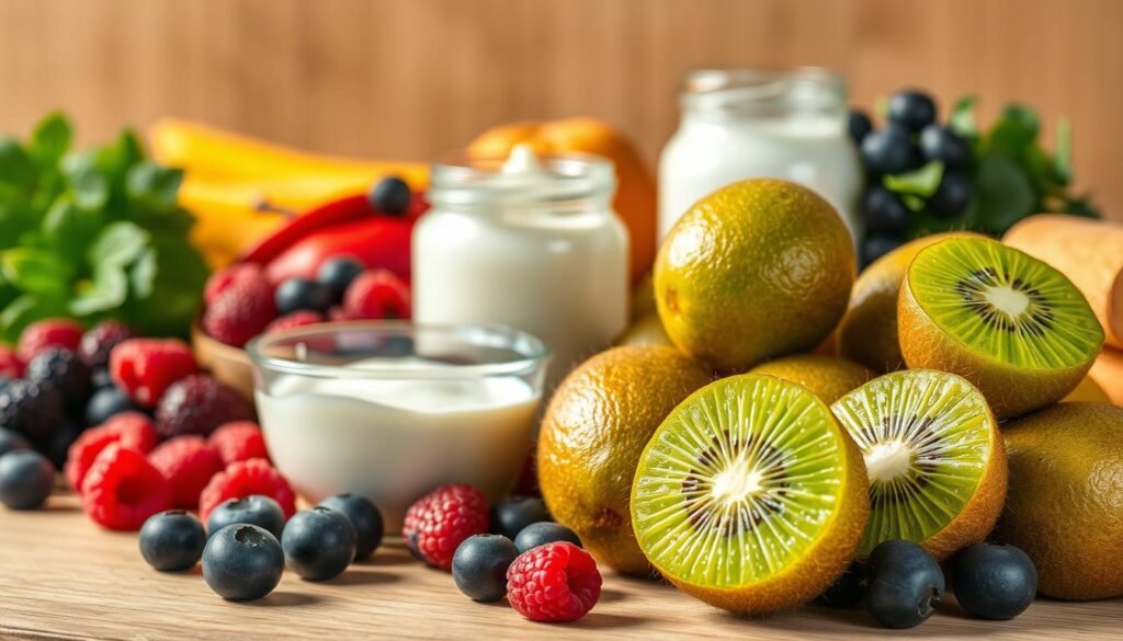 A bountiful still life of nutritious, functional foods that support gut health, bathed in soft, warm lighting. In the foreground, a cluster of vibrant green kiwis, their fuzzy skin glistening. In the middle ground, a selection of probiotics - yogurt, kefir, and fermented vegetables - arranged artfully. In the background, a scattering of antioxidant-rich berries, including plump blueberries and deep red raspberries. The composition is balanced and aesthetically pleasing, showcasing the natural beauty and healthful properties of these gut-nourishing ingredients. A sense of wellness and vitality emanates from the scene. A bountiful still life of nutritious, functional foods that support gut health, bathed in soft, warm lighting. In the foreground, a cluster of vibrant green kiwis, their fuzzy skin glistening. In the middle ground, a selection of probiotics - yogurt, kefir, and fermented vegetables - arranged artfully. In the background, a scattering of antioxidant-rich berries, including plump blueberries and deep red raspberries. The composition is balanced and aesthetically pleasing, showcasing the natural beauty and healthful properties of these gut-nourishing ingredients. A sense of wellness and vitality emanates from the scene.