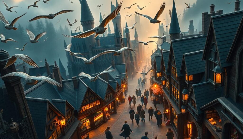 A breathtaking aerial view of the magical world of Harry Potter, with iconic landmarks such as Hogwarts Castle, the Forbidden Forest, and the bustling Diagon Alley. The scene is illuminated by a warm, golden light, creating a sense of wonder and enchantment. In the foreground, a flock of owls soars gracefully, carrying letters and parcels, while in the middle ground, a group of students in Hogwarts robes hurry along the cobblestone streets. The background is filled with a tapestry of fantastical details, including floating candles, whimsical shop signs, and the occasional glimpse of a hidden magical creature. The overall atmosphere is one of curiosity, adventure, and the endless possibilities of the wizarding world. A breathtaking aerial view of the magical world of Harry Potter, with iconic landmarks such as Hogwarts Castle, the Forbidden Forest, and the bustling Diagon Alley. The scene is illuminated by a warm, golden light, creating a sense of wonder and enchantment. In the foreground, a flock of owls soars gracefully, carrying letters and parcels, while in the middle ground, a group of students in Hogwarts robes hurry along the cobblestone streets. The background is filled with a tapestry of fantastical details, including floating candles, whimsical shop signs, and the occasional glimpse of a hidden magical creature. The overall atmosphere is one of curiosity, adventure, and the endless possibilities of the wizarding world.