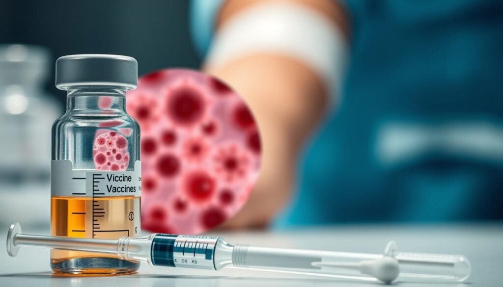 A close-up of a vaccine vial against skin cancer (melanoma), with a glass syringe and medical swabs in the foreground. In the middle ground, a microscopic view of cancer cells being attacked by immune cells. In the background, a blurred image of a person's arm with a bandage, suggesting the vaccine being administered. The lighting is soft and natural, enhancing the scientific and medical atmosphere. The colors are subdued, with a predominance of blues, greens, and grays, conveying a sense of precision and professionalism. A close-up of a vaccine vial against skin cancer (melanoma), with a glass syringe and medical swabs in the foreground. In the middle ground, a microscopic view of cancer cells being attacked by immune cells. In the background, a blurred image of a person's arm with a bandage, suggesting the vaccine being administered. The lighting is soft and natural, enhancing the scientific and medical atmosphere. The colors are subdued, with a predominance of blues, greens, and grays, conveying a sense of precision and professionalism.