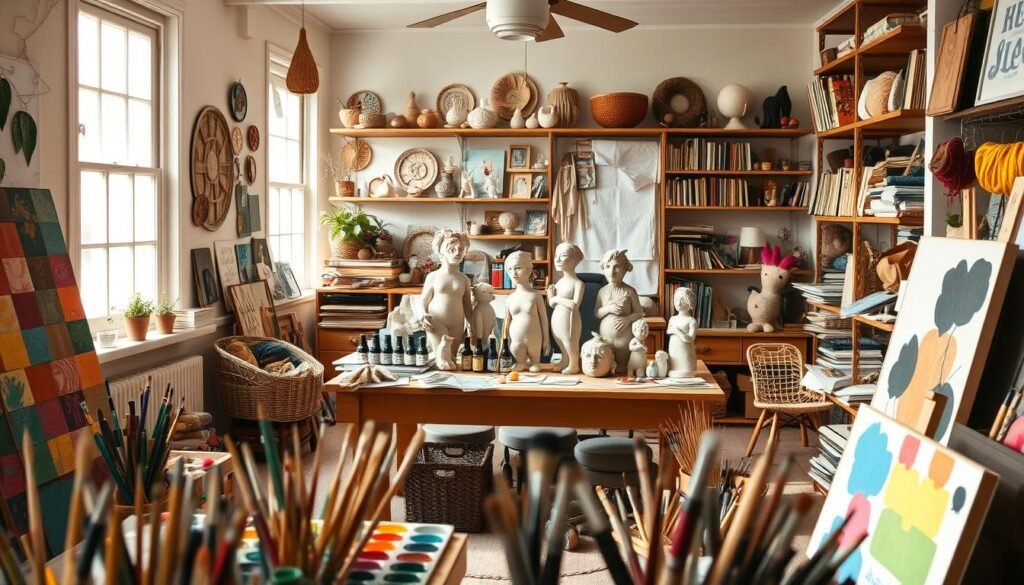 A cozy studio filled with an array of creative hobbies. In the foreground, colorful paints, brushes, and canvases invite the viewer to unleash their artistry. Soft natural light filters through large windows, casting a warm glow over a central wooden table piled high with various craft supplies - from skeins of yarn and embroidery floss to delicate origami paper and an elegant calligraphy set. In the middle ground, a group of intricate, handmade clay sculptures stand proudly, each one a unique expression of the maker's imagination. Shelves lining the walls display an eclectic collection of handbound journals, whimsical trinkets, and other enchanting treasures, hinting at the boundless creativity that flourishes in this inspiring space. hobbies criativos