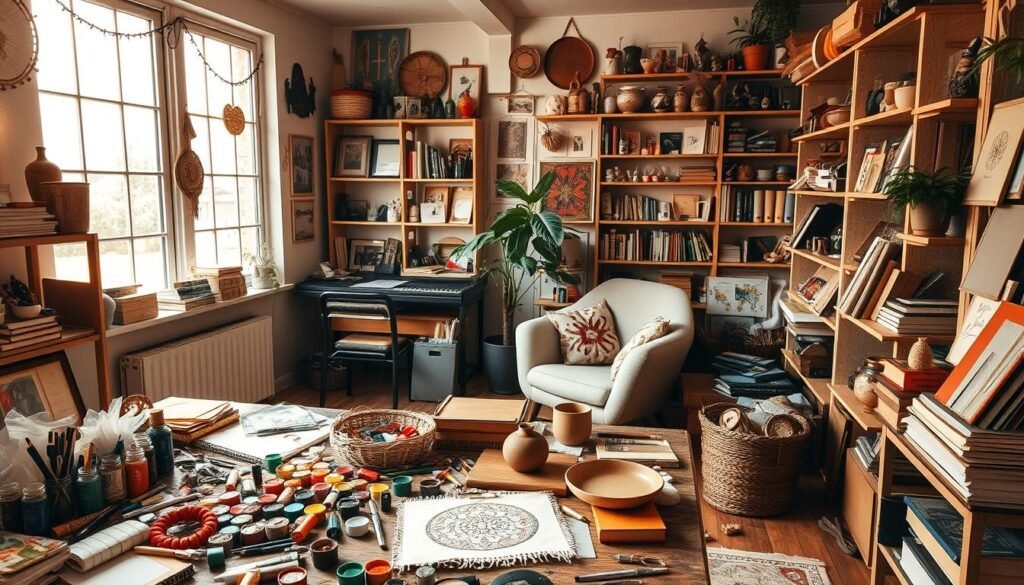 A cozy, well-lit studio filled with an eclectic assortment of creative hobbies. In the foreground, a crafting table overflows with vibrant paints, intricate embroidery, and a half-finished pottery piece. Shelves on the side walls display an array of handmade trinkets, journals, and artisanal supplies. Warm natural light filters in through large windows, casting a gentle glow over the scene. In the background, a plush armchair and a potted plant suggest a space for relaxation and inspiration. The overall atmosphere is one of calm, curiosity, and the joy of self-expression through diverse creative pursuits. hobbies criativos