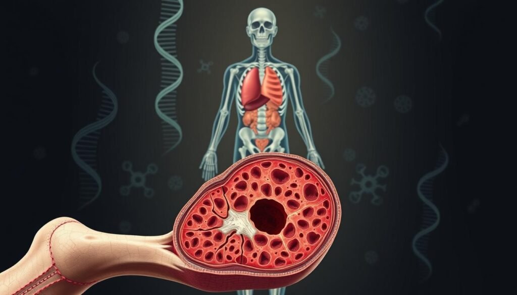 A detailed, high-resolution medical illustration depicting Fanconi anemia, a rare and complex genetic disorder. In the foreground, a detailed cross-section of bone marrow showcases the characteristic abnormalities in blood cell production. The middle ground features a stylized human figure, with organs and skeletal structures rendered with scientific accuracy to highlight the systemic effects of the condition. The background depicts symbolic representations of the genetic and cellular mechanisms underlying Fanconi anemia, including DNA strands and cellular structures. The overall composition conveys a sense of medical seriousness and scientific inquiry, with a color palette of muted tones and clinical precision. A detailed, high-resolution medical illustration depicting Fanconi anemia, a rare and complex genetic disorder. In the foreground, a detailed cross-section of bone marrow showcases the characteristic abnormalities in blood cell production. The middle ground features a stylized human figure, with organs and skeletal structures rendered with scientific accuracy to highlight the systemic effects of the condition. The background depicts symbolic representations of the genetic and cellular mechanisms underlying Fanconi anemia, including DNA strands and cellular structures. The overall composition conveys a sense of medical seriousness and scientific inquiry, with a color palette of muted tones and clinical precision.