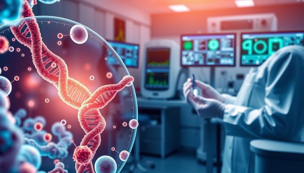 A detailed illustration of a genetic therapy treatment for Fanconi anemia. The foreground depicts a microscopic view of gene editing in human cells, with intricate molecular structures and glowing DNA strands. In the middle ground, a medical practitioner performs a delicate procedure, their hands steady and focused. The background showcases a modern, well-equipped medical laboratory, with sleek equipment and monitors displaying complex data. The lighting is soft and warm, creating a sense of hope and scientific progress. The overall mood is one of innovation, precision, and the promise of a breakthrough treatment for this rare genetic disorder. A detailed illustration of a genetic therapy treatment for Fanconi anemia. The foreground depicts a microscopic view of gene editing in human cells, with intricate molecular structures and glowing DNA strands. In the middle ground, a medical practitioner performs a delicate procedure, their hands steady and focused. The background showcases a modern, well-equipped medical laboratory, with sleek equipment and monitors displaying complex data. The lighting is soft and warm, creating a sense of hope and scientific progress. The overall mood is one of innovation, precision, and the promise of a breakthrough treatment for this rare genetic disorder.