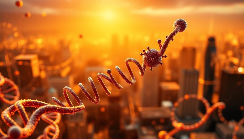 A detailed rendering of genetic therapy, depicting a molecular structure in the foreground, surrounded by a vibrant array of glowing genetic sequences and DNA strands undulating in the middle ground. The scene is bathed in a warm, golden light, creating a sense of scientific wonder and discovery. The background showcases a blurred, yet captivating, cityscape, representing the broader impact and application of this transformative medical technology. The composition conveys the complex, yet elegant, nature of genetic therapy, highlighting its transformative potential to address rare and debilitating diseases. A detailed rendering of genetic therapy, depicting a molecular structure in the foreground, surrounded by a vibrant array of glowing genetic sequences and DNA strands undulating in the middle ground. The scene is bathed in a warm, golden light, creating a sense of scientific wonder and discovery. The background showcases a blurred, yet captivating, cityscape, representing the broader impact and application of this transformative medical technology. The composition conveys the complex, yet elegant, nature of genetic therapy, highlighting its transformative potential to address rare and debilitating diseases.