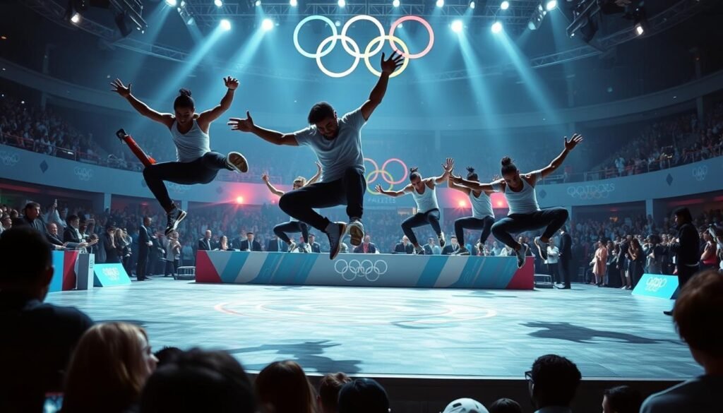 A dynamic scene depicting the debut of Breaking at the Paris 2025 Olympics. In the foreground, a group of skilled b-boys and b-girls perform intricate, gravity-defying moves on an indoor competition stage, their bodies frozen in mid-air. The middle ground features judges and officials observing the performances, while the background showcases the vibrant, neon-lit atmosphere of the Olympic venue, with spectators cheering and the Olympic rings prominently displayed. The lighting is dramatic, with strong shadows and highlights emphasizing the athletes' powerful movements. The composition captures the energy, artistry, and significance of this historic moment as Breaking makes its Olympic debut. A dynamic scene depicting the debut of Breaking at the Paris 2025 Olympics. In the foreground, a group of skilled b-boys and b-girls perform intricate, gravity-defying moves on an indoor competition stage, their bodies frozen in mid-air. The middle ground features judges and officials observing the performances, while the background showcases the vibrant, neon-lit atmosphere of the Olympic venue, with spectators cheering and the Olympic rings prominently displayed. The lighting is dramatic, with strong shadows and highlights emphasizing the athletes' powerful movements. The composition captures the energy, artistry, and significance of this historic moment as Breaking makes its Olympic debut.