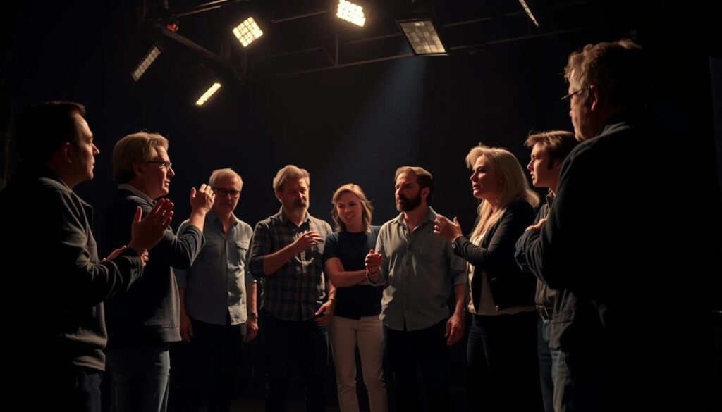 A group of actors improvising a dynamic scene on a dimly lit movie set, the soft glow of studio lights casting dramatic shadows across their faces as they react spontaneously to each other's unscripted lines. The camera is positioned at a low angle, capturing the intensity and energy of the moment, with the actors fully immersed in their characters, their movements fluid and natural, as they push the boundaries of the script and explore the unexpected. The atmosphere is one of creative freedom and collaboration, where the magic of cinema is born in the spontaneous interplay of talented performers. A group of actors improvising a dynamic scene on a dimly lit movie set, the soft glow of studio lights casting dramatic shadows across their faces as they react spontaneously to each other's unscripted lines. The camera is positioned at a low angle, capturing the intensity and energy of the moment, with the actors fully immersed in their characters, their movements fluid and natural, as they push the boundaries of the script and explore the unexpected. The atmosphere is one of creative freedom and collaboration, where the magic of cinema is born in the spontaneous interplay of talented performers.