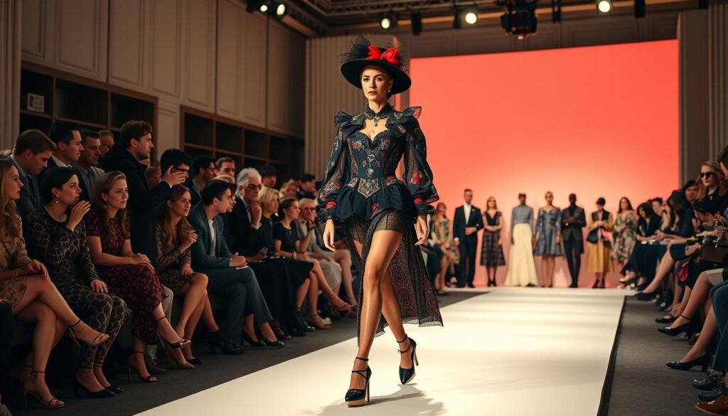 A high-fashion runway showcasing the impact of cinematic costumes on the world of fashion. In the foreground, a model struts down the catwalk, wearing a striking ensemble inspired by a classic film character. Intricate details and bold colors capture the essence of the on-screen wardrobe. In the middle ground, a diverse audience of fashion enthusiasts and industry insiders observe the display with rapt attention. The background features a stylized backdrop, with subtle cinematic references woven into the set design. Soft, warm lighting illuminates the scene, creating a sense of glamour and cinematic allure. The atmosphere is one of reverence and appreciation for the transformative power of fashion in the context of film. A high-fashion runway showcasing the impact of cinematic costumes on the world of fashion. In the foreground, a model struts down the catwalk, wearing a striking ensemble inspired by a classic film character. Intricate details and bold colors capture the essence of the on-screen wardrobe. In the middle ground, a diverse audience of fashion enthusiasts and industry insiders observe the display with rapt attention. The background features a stylized backdrop, with subtle cinematic references woven into the set design. Soft, warm lighting illuminates the scene, creating a sense of glamour and cinematic allure. The atmosphere is one of reverence and appreciation for the transformative power of fashion in the context of film.