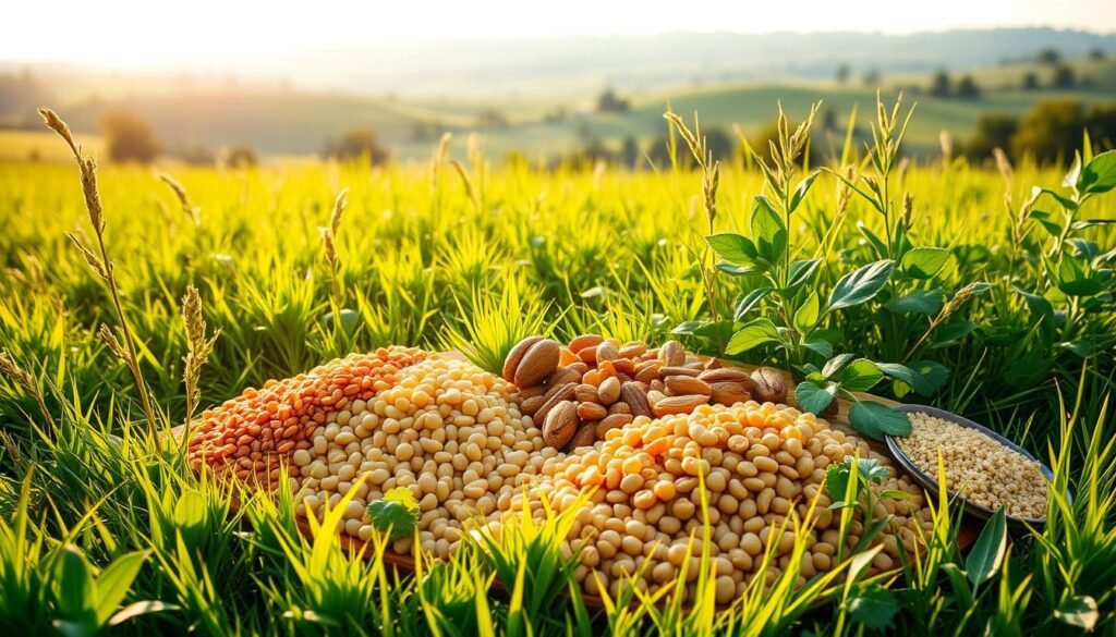 A lush, verdant meadow bathed in warm, diffused sunlight. In the foreground, a vibrant display of various plant-based protein sources - soy beans, lentils, chickpeas, quinoa, and nuts, arranged artfully and bursting with natural vitality. The middle ground showcases thriving green plants, their leaves swaying gently in a soft breeze. In the background, a tranquil landscape of rolling hills and distant trees, creating a sense of harmony and balance. The overall atmosphere is one of abundance, nourishment, and the inherent beauty of plant-based sustenance. A lush, verdant meadow bathed in warm, diffused sunlight. In the foreground, a vibrant display of various plant-based protein sources - soy beans, lentils, chickpeas, quinoa, and nuts, arranged artfully and bursting with natural vitality. The middle ground showcases thriving green plants, their leaves swaying gently in a soft breeze. In the background, a tranquil landscape of rolling hills and distant trees, creating a sense of harmony and balance. The overall atmosphere is one of abundance, nourishment, and the inherent beauty of plant-based sustenance.