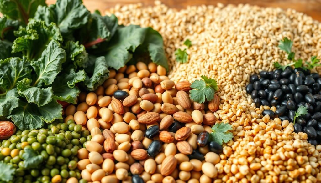 A lush, vibrant still life showcasing an array of plant-based protein sources, captured in a warm, natural light. In the foreground, an assortment of legumes, such as lentils, chickpeas, and black beans, are arranged artfully. Interspersed among them are various nuts and seeds, including almonds, walnuts, and sunflower seeds, their textures and colors creating a visually appealing contrast. The middle ground features a variety of leafy greens, such as kale, spinach, and Swiss chard, their vibrant hues and delicate structures adding depth and nuance to the composition. In the background, a selection of whole grains, including quinoa, brown rice, and farro, create a harmonious backdrop, conveying the abundance and diversity of plant-based protein sources. The lighting is soft and diffused, casting gentle shadows and highlighting the natural beauty of the ingredients, evoking a sense of warmth and nourishment. A lush, vibrant still life showcasing an array of plant-based protein sources, captured in a warm, natural light. In the foreground, an assortment of legumes, such as lentils, chickpeas, and black beans, are arranged artfully. Interspersed among them are various nuts and seeds, including almonds, walnuts, and sunflower seeds, their textures and colors creating a visually appealing contrast. The middle ground features a variety of leafy greens, such as kale, spinach, and Swiss chard, their vibrant hues and delicate structures adding depth and nuance to the composition. In the background, a selection of whole grains, including quinoa, brown rice, and farro, create a harmonious backdrop, conveying the abundance and diversity of plant-based protein sources. The lighting is soft and diffused, casting gentle shadows and highlighting the natural beauty of the ingredients, evoking a sense of warmth and nourishment.