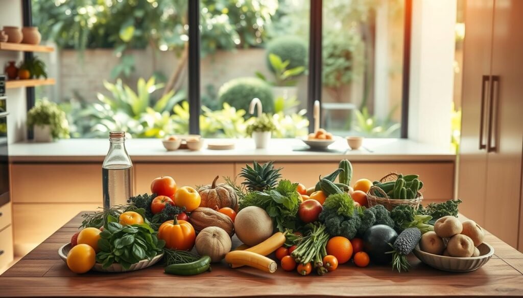 A serene and harmonious kitchen scene, bathed in warm, natural light. In the foreground, a wooden table is adorned with an array of fresh fruits, vegetables, and herbs, embodying the essence of a "menu de prazer e bem-estar." Midground features a sleek, modern countertop with a glass pitcher of water and a few ceramic bowls, conveying a sense of simplicity and balance. In the background, a large window overlooks a lush, verdant garden, hinting at the connection between nature, nourishment, and well-being. The overall atmosphere is one of calm, mindfulness, and a celebration of the simple pleasures in life. menu da dopamina
