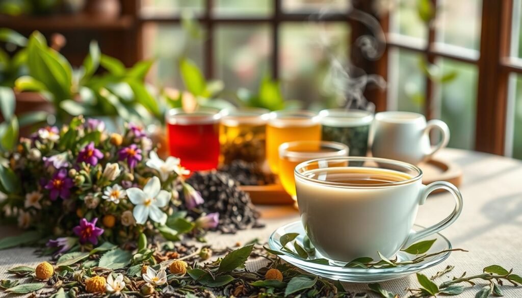 A serene and inviting scene showcasing the vibrant health benefits of various teas. In the foreground, an artfully arranged composition of fresh tea leaves, fragrant flowers, and a steaming cup of aromatic tea, captured with a soft, warm lighting that enhances the natural textures and colors. In the midground, a selection of diverse tea varieties, each represented by a delicate porcelain cup or teapot, subtly hinting at the unique properties and characteristics of each type. The background features a tranquil, natural setting, perhaps a lush garden or a cozy, rustic interior, creating a sense of harmony and balance that reflects the holistic wellness properties of the teas. The overall mood is one of tranquility, mindfulness, and a celebration of the profound health benefits that these humble, yet powerful, infusions can provide. A serene and inviting scene showcasing the vibrant health benefits of various teas. In the foreground, an artfully arranged composition of fresh tea leaves, fragrant flowers, and a steaming cup of aromatic tea, captured with a soft, warm lighting that enhances the natural textures and colors. In the midground, a selection of diverse tea varieties, each represented by a delicate porcelain cup or teapot, subtly hinting at the unique properties and characteristics of each type. The background features a tranquil, natural setting, perhaps a lush garden or a cozy, rustic interior, creating a sense of harmony and balance that reflects the holistic wellness properties of the teas. The overall mood is one of tranquility, mindfulness, and a celebration of the profound health benefits that these humble, yet powerful, infusions can provide.