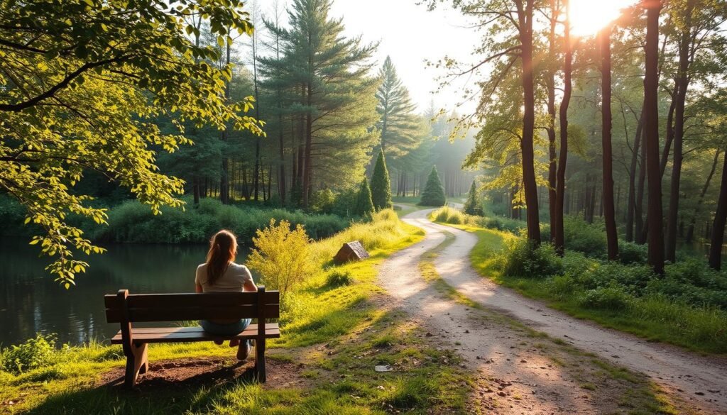 A serene and tranquil scene depicting the benefits of downshifting, showcasing a person enjoying a peaceful moment in nature. In the foreground, a person sits contentedly on a wooden bench, surrounded by lush foliage and a calm, reflective lake. The middle ground features a winding dirt path leading through a verdant forest, inviting the viewer to explore the natural beauty. In the background, soft, golden sunlight filters through the trees, creating a warm and inviting atmosphere. The overall mood is one of balance, simplicity, and a sense of inner calm, reflecting the essence of the downshifting lifestyle. downshifting