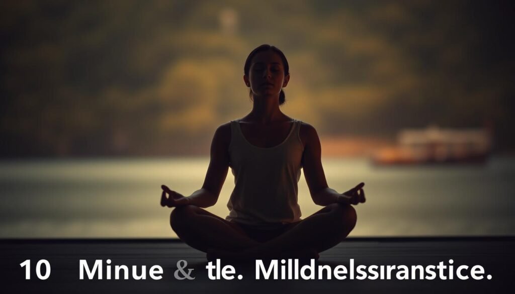 A serene, dimly lit scene of a person sitting cross-legged in a meditative pose, eyes closed, hands resting gently on their lap. The background is softly blurred, hinting at a tranquil, nature-inspired setting - perhaps a garden, forest, or seaside. Warm, muted tones create a calming atmosphere, while subtle light casts a gentle glow on the meditator, emphasizing their focused, peaceful expression. The composition is balanced, drawing the viewer's attention to the central figure and their mindful, meditative state. An image that evokes a sense of inner calm and the transformative power of a regular, 10-minute mindfulness practice. A serene, dimly lit scene of a person sitting cross-legged in a meditative pose, eyes closed, hands resting gently on their lap. The background is softly blurred, hinting at a tranquil, nature-inspired setting - perhaps a garden, forest, or seaside. Warm, muted tones create a calming atmosphere, while subtle light casts a gentle glow on the meditator, emphasizing their focused, peaceful expression. The composition is balanced, drawing the viewer's attention to the central figure and their mindful, meditative state. An image that evokes a sense of inner calm and the transformative power of a regular, 10-minute mindfulness practice.