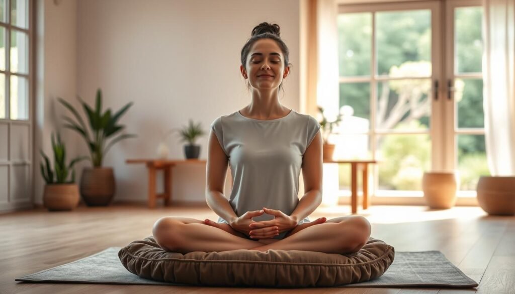 A serene meditation studio with soft, warm lighting. In the foreground, a person sits cross-legged on a plush meditation cushion, eyes closed, hands resting on their lap, their expression peaceful and focused. The background features a minimalist, zen-inspired decor, with potted plants, a simple wood table, and a large window overlooking a tranquil garden. The overall mood is calming, therapeutic, and conducive to deep introspection and the alleviation of anxiety. A serene meditation studio with soft, warm lighting. In the foreground, a person sits cross-legged on a plush meditation cushion, eyes closed, hands resting on their lap, their expression peaceful and focused. The background features a minimalist, zen-inspired decor, with potted plants, a simple wood table, and a large window overlooking a tranquil garden. The overall mood is calming, therapeutic, and conducive to deep introspection and the alleviation of anxiety.