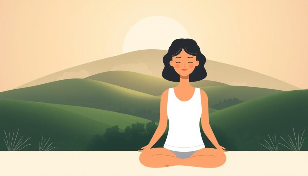 A serene, minimalist illustration showcasing the benefits of downshifting. In the foreground, a person in a relaxed, meditative pose, their face radiating a sense of calm and inner peace. The middle ground features a lush, verdant landscape with gentle rolling hills, symbolizing the tranquility and connection with nature that downshifting can provide. In the background, a soft, warm light bathes the scene, creating a soothing, contemplative atmosphere. The overall composition conveys a sense of balance, simplicity, and the emotional and mental well-being that can be achieved through the practice of downshifting. downshifting