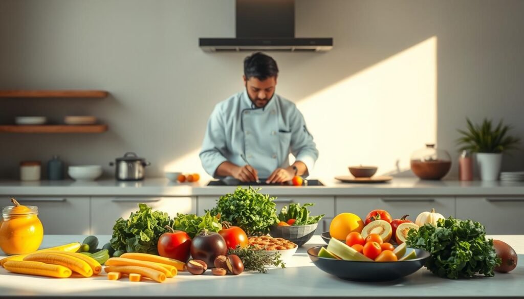 A serene, minimalist kitchen scene with a chef's table in the foreground, showcasing a range of fresh, vibrant ingredients arranged in a visually appealing manner. The lighting is soft and natural, casting a warm glow over the scene. In the middle ground, a chef in a crisp white uniform stands, carefully preparing a personalized meal, their expression focused and intent. The background features elegant, muted tones, conveying a sense of sophistication and personalized culinary experience. The overall mood is one of calm, thoughtful nutrition, reflecting the concept of "dieta sob medida" - a tailored, mindful approach to eating. A serene, minimalist kitchen scene with a chef's table in the foreground, showcasing a range of fresh, vibrant ingredients arranged in a visually appealing manner. The lighting is soft and natural, casting a warm glow over the scene. In the middle ground, a chef in a crisp white uniform stands, carefully preparing a personalized meal, their expression focused and intent. The background features elegant, muted tones, conveying a sense of sophistication and personalized culinary experience. The overall mood is one of calm, thoughtful nutrition, reflecting the concept of "dieta sob medida" - a tailored, mindful approach to eating.