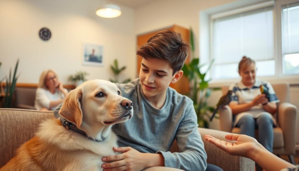 A serene, warm-lit veterinary clinic interior, with a reassuring atmosphere. In the foreground, a young person sits comfortably on a couch, petting a gentle, attentive therapy dog. The dog's calm, soulful gaze meets the person's eyes, creating a connection. In the middle ground, other patients interact with different animals - a cat perched on an armchair, a bird resting on a hand. The background features natural elements like plants and soft, diffused lighting, conveying a sense of healing and well-being. The scene captures the transformative power of animal-assisted therapies, offering a glimpse into their profound impact on emotional and mental health. A serene, warm-lit veterinary clinic interior, with a reassuring atmosphere. In the foreground, a young person sits comfortably on a couch, petting a gentle, attentive therapy dog. The dog's calm, soulful gaze meets the person's eyes, creating a connection. In the middle ground, other patients interact with different animals - a cat perched on an armchair, a bird resting on a hand. The background features natural elements like plants and soft, diffused lighting, conveying a sense of healing and well-being. The scene captures the transformative power of animal-assisted therapies, offering a glimpse into their profound impact on emotional and mental health.