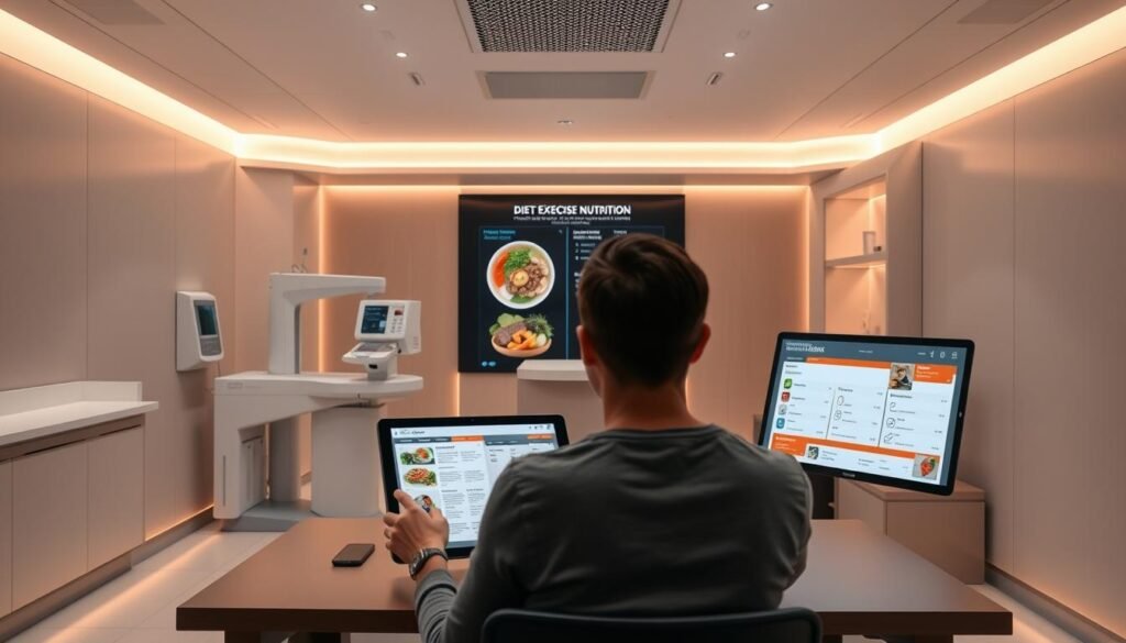 A sleek, modern medical office with warm, diffused lighting and smooth, clean lines. In the foreground, a person sits at a desk, meticulously studying a personalized meal plan and nutritional data displayed on a high-resolution tablet. The middle ground features state-of-the-art diagnostic equipment and a large, interactive display showcasing customized diet and exercise recommendations. The background offers a tranquil, minimalist ambiance, with muted tones and subtle accents that create a serene, professional atmosphere. The overall scene conveys a sense of tailored, evidence-based care, where the individual's unique needs and preferences are at the forefront of the personalized nutrition experience. A sleek, modern medical office with warm, diffused lighting and smooth, clean lines. In the foreground, a person sits at a desk, meticulously studying a personalized meal plan and nutritional data displayed on a high-resolution tablet. The middle ground features state-of-the-art diagnostic equipment and a large, interactive display showcasing customized diet and exercise recommendations. The background offers a tranquil, minimalist ambiance, with muted tones and subtle accents that create a serene, professional atmosphere. The overall scene conveys a sense of tailored, evidence-based care, where the individual's unique needs and preferences are at the forefront of the personalized nutrition experience.