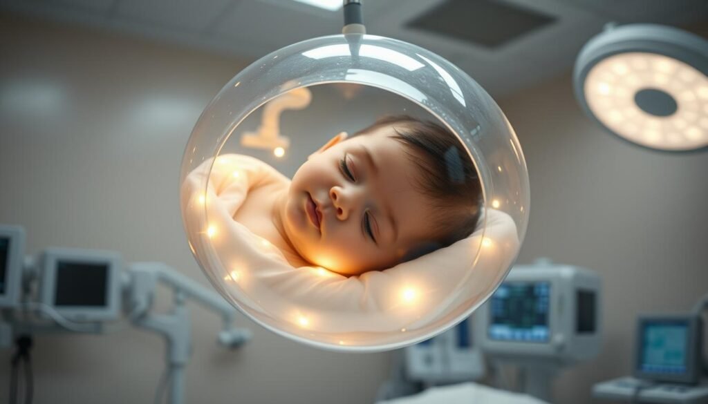 A sterile, clinical environment with a young child resting in a transparent, protective bubble. The bubble is suspended in the air, with soft glowing lights emanating from within. The child's face is visible, displaying a peaceful expression. In the background, subtle medical equipment and monitors suggest the advanced care required to treat this rare immunodeficiency disorder, ADA-SCID. The lighting is soft and diffused, creating an atmosphere of hope and vulnerability. The composition highlights the fragility of the child's condition while conveying the dedication and innovation necessary to provide life-saving treatment. A sterile, clinical environment with a young child resting in a transparent, protective bubble. The bubble is suspended in the air, with soft glowing lights emanating from within. The child's face is visible, displaying a peaceful expression. In the background, subtle medical equipment and monitors suggest the advanced care required to treat this rare immunodeficiency disorder, ADA-SCID. The lighting is soft and diffused, creating an atmosphere of hope and vulnerability. The composition highlights the fragility of the child's condition while conveying the dedication and innovation necessary to provide life-saving treatment.