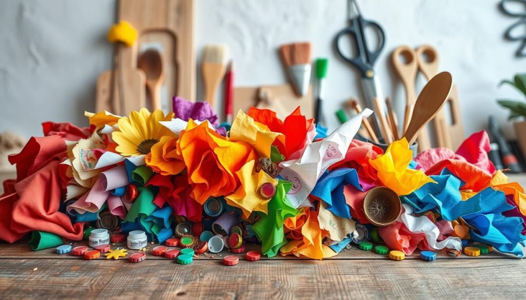 A still life of an assortment of colorful, eco-friendly materials artfully arranged on a rustic wooden surface. In the foreground, an array of vibrant recycled fabrics, paper scraps, bottle caps, and other repurposed items. In the middle ground, various creative tools like scissors, glue, and brushes. The background features a neutral, softly-lit studio space, hinting at the artisanal process of transforming these humble materials into unique, handcrafted works of art. The overall composition conveys a sense of sustainability, creativity, and stylish craftsmanship. artesanato sustentável