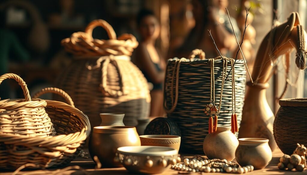 A striking scene of eco-friendly artisanry unfolds. In the foreground, artfully crafted objects made from repurposed materials - woven baskets, pottery, and jewelry - stand out against a softly blurred background. Warm, natural lighting bathes the scene, casting subtle shadows and highlights that accentuate the textures and organic forms. The overall mood is one of sustainability, creativity, and a reverence for the materials that would otherwise go to waste. The camera angle is slightly elevated, giving a sense of both intimacy and a broader perspective on this sustainable craft in action. The image conveys a message of transformative potential, where waste becomes wonder. artesanato sustentável