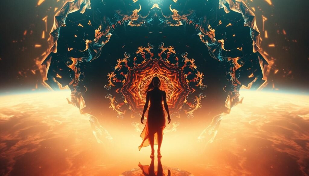 A surreal digital dreamscape, where the boundaries between reality and imagination blur. In the foreground, a captivating figure emerges, its form shifting and distorting, as if made of fluid light and shadow. The middle ground is a kaleidoscope of abstract shapes and patterns, swirling and morphing, hinting at a deeper, otherworldly logic. The background fades into a vast, ethereal expanse, filled with a soft, diffused glow that lends an air of tranquility and wonder. The overall scene is bathed in a warm, saturated palette, creating a sense of mystique and enchantment. Cinematic lighting and a wide-angle lens capture the immersive, immersive nature of this digital surrealscape, inviting the viewer to step into a realm where the impossible becomes possible. surrealismo digital