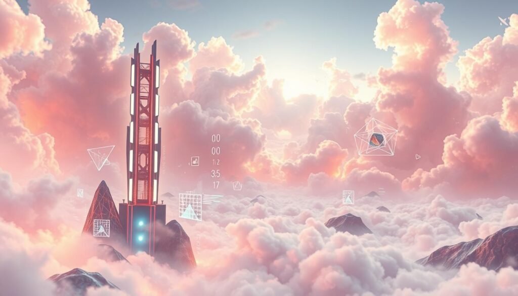 A surreal, digitally-rendered landscape depicting "inovação digital". In the foreground, a towering, futuristic structure composed of geometric shapes and light panels emerges from a dreamlike, glowing environment. The middle ground features floating, abstract geometric forms and data visualizations, hinting at the advanced technology and innovation at play. The background is a vast, ethereal space with swirling clouds of color and luminous energy, creating a sense of boundless potential and the limitless possibilities of the digital realm. The scene is illuminated by a warm, soft light that casts dynamic shadows, adding depth and a sense of dynamism to the composition. The overall mood is one of wonder, imagination, and the transcendence of conventional limitations through digital innovation. surrealismo digital