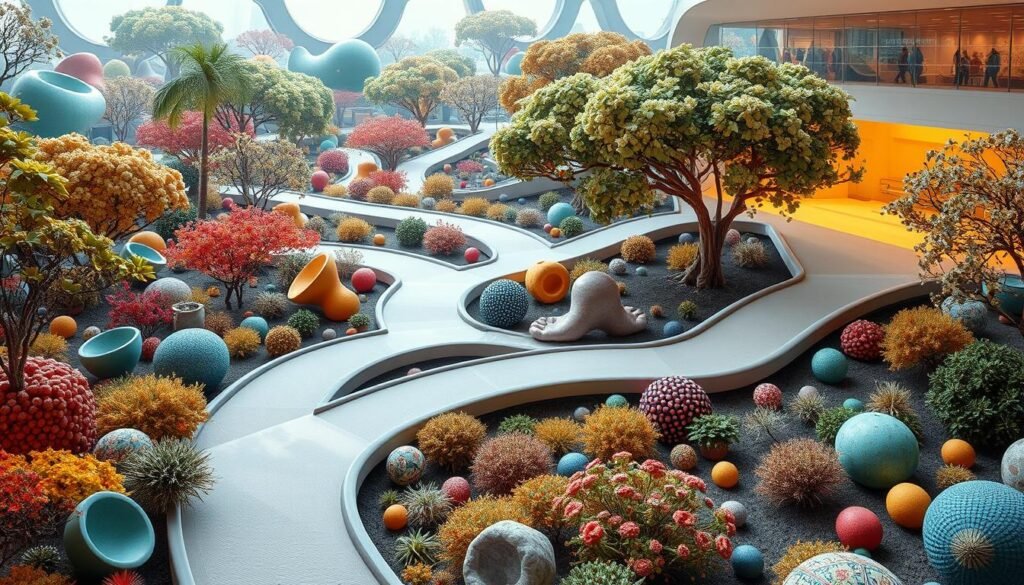 A vibrant, accessible and inclusive design landscape, featuring a diverse array of interconnected cores that represent different user needs and experiences. The foreground showcases various shapes, textures and colors, symbolizing the inclusive nature of the design process. The middle ground depicts smooth pathways and ramps, allowing for seamless navigation and accessibility. The background features a warm, diffused lighting that creates a welcoming, inclusive atmosphere. The overall composition conveys a sense of harmony, connectivity and a deep understanding of the importance of accessibility in modern design. design inclusivo