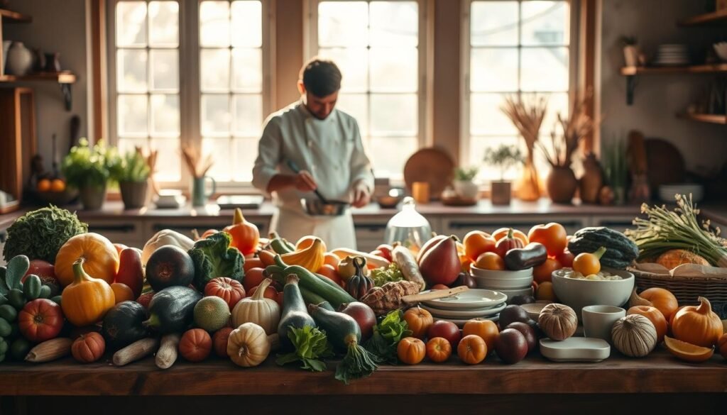 A vibrant kitchen scene, bathed in warm, natural light streaming through large windows. In the foreground, a wooden table overflows with an array of fresh, seasonal produce - misshapen vegetables, bruised fruits, and other "imperfect" ingredients that would typically be discarded. A collection of unique, handcrafted dishes and utensils are arranged, showcasing how these overlooked ingredients can be transformed into a delectable, low-waste meal. In the middle ground, a chef, their face obscured, skillfully prepares the ingredients, embodying the new, mindful approach to food. The background features a minimalist, earthy-toned decor, amplifying the sense of sustainability and a reverence for the natural world. A vibrant kitchen scene, bathed in warm, natural light streaming through large windows. In the foreground, a wooden table overflows with an array of fresh, seasonal produce - misshapen vegetables, bruised fruits, and other "imperfect" ingredients that would typically be discarded. A collection of unique, handcrafted dishes and utensils are arranged, showcasing how these overlooked ingredients can be transformed into a delectable, low-waste meal. In the middle ground, a chef, their face obscured, skillfully prepares the ingredients, embodying the new, mindful approach to food. The background features a minimalist, earthy-toned decor, amplifying the sense of sustainability and a reverence for the natural world.