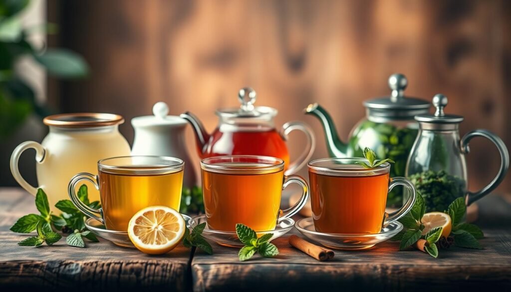 A vibrant still life arrangement showcasing five functional herbal teas on a rustic wooden table. In the foreground, the teas are presented in elegant ceramic cups and teapots, each with its own distinct color and texture. The middle ground features complementary botanicals such as fresh mint leaves, lemon slices, and cinnamon sticks, adding depth and visual interest. The background is softly blurred, creating a cozy, natural atmosphere illuminated by warm, diffused lighting. The overall composition conveys a sense of wellness, tranquility, and the alluring benefits of these functional teas. A vibrant still life arrangement showcasing five functional herbal teas on a rustic wooden table. In the foreground, the teas are presented in elegant ceramic cups and teapots, each with its own distinct color and texture. The middle ground features complementary botanicals such as fresh mint leaves, lemon slices, and cinnamon sticks, adding depth and visual interest. The background is softly blurred, creating a cozy, natural atmosphere illuminated by warm, diffused lighting. The overall composition conveys a sense of wellness, tranquility, and the alluring benefits of these functional teas.