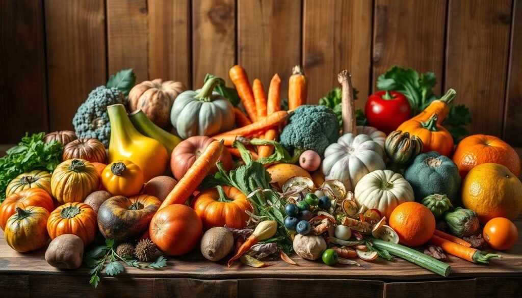A vibrant still life showcasing a variety of sustainably-sourced ingredients, rearranged into an enticing culinary display. In the foreground, an assortment of misshapen fruits and vegetables, each with unique hues and textures, arranged in a dynamic composition. The middle ground features an array of repurposed food scraps, such as carrot tops, broccoli stems, and citrus peels, transformed into unexpected garnishes and toppings. In the background, a rustic wooden table provides a natural backdrop, illuminated by warm, diffused lighting that casts gentle shadows, highlighting the organic shapes and colors. The overall mood is one of creativity, sustainability, and the pleasures of low-waste cooking. A vibrant still life showcasing a variety of sustainably-sourced ingredients, rearranged into an enticing culinary display. In the foreground, an assortment of misshapen fruits and vegetables, each with unique hues and textures, arranged in a dynamic composition. The middle ground features an array of repurposed food scraps, such as carrot tops, broccoli stems, and citrus peels, transformed into unexpected garnishes and toppings. In the background, a rustic wooden table provides a natural backdrop, illuminated by warm, diffused lighting that casts gentle shadows, highlighting the organic shapes and colors. The overall mood is one of creativity, sustainability, and the pleasures of low-waste cooking.