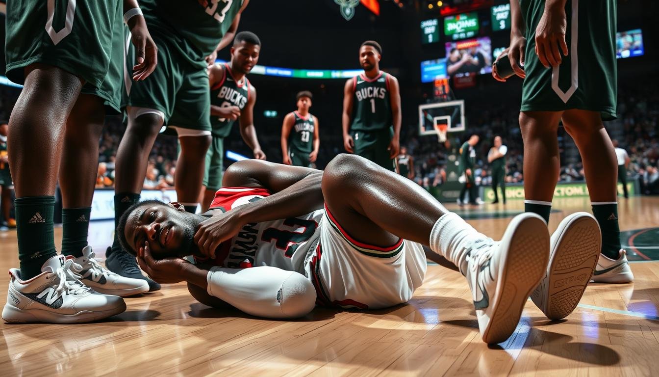 Damian Lillard sendo retirado de quadra após lesão nos playoffs da NBA 2025