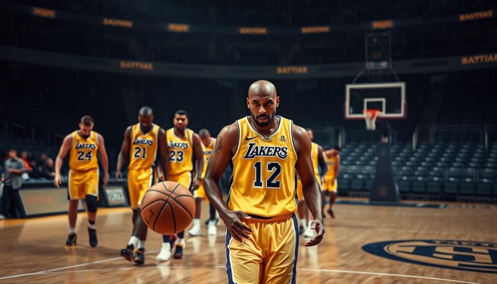 Lakers players trudging through a gloomy, rain-soaked court, their shoulders slumped in defeat. The arena's dim lighting casts long shadows, emphasizing the weight of their loss. In the foreground, a star player angrily slams the ball to the ground, their frustrated expression capturing the disappointment of a once-dominant team's fall from grace. The background fades into a hazy blur, with the empty stands a silent witness to the team's critical playoff struggles. Lakers players trudging through a gloomy, rain-soaked court, their shoulders slumped in defeat. The arena's dim lighting casts long shadows, emphasizing the weight of their loss. In the foreground, a star player angrily slams the ball to the ground, their frustrated expression capturing the disappointment of a once-dominant team's fall from grace. The background fades into a hazy blur, with the empty stands a silent witness to the team's critical playoff struggles.