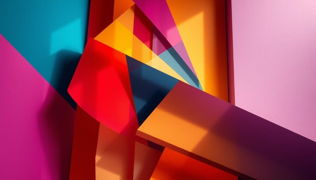 Vibrant color palette, bursting with energy and life. A diverse array of hues, from deep, rich jewel tones to bright, playful pastels, all harmoniously blended. Layers of color create a sense of depth and movement, drawing the viewer's eye deeper into the frame. Lighting is soft and diffused, casting a warm, inviting glow that enhances the vibrancy of the palette. The composition features bold, geometric shapes that intersect and overlap, creating a visually striking and dynamic scene. The overall mood is one of joyful exuberance, reflecting a maximalist aesthetic that celebrates color, form, and exuberance. maximalismo moderno
