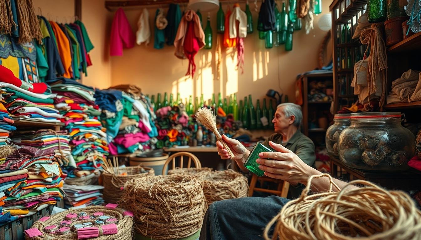 Mesa com objetos artesanais feitos de vidro, papel e tecido reaproveitado