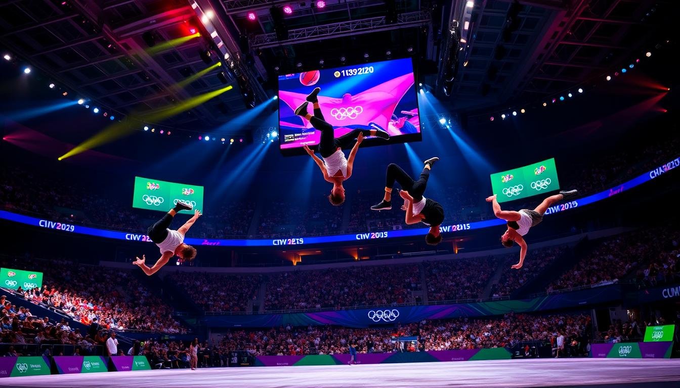 Atleta realizando movimento de Breaking nas Olimpíadas de Paris 2025