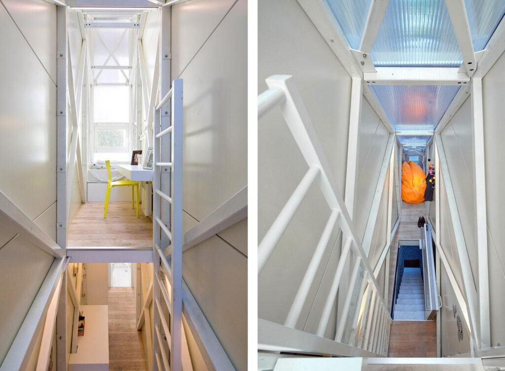 Vista seccionada da Keret House com morador e layout interno em corte. Corte arquitetônico e uso real da Keret House