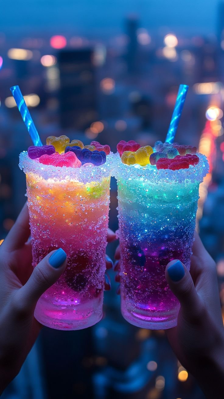 Copo com bebida fluorescente sob luz negra