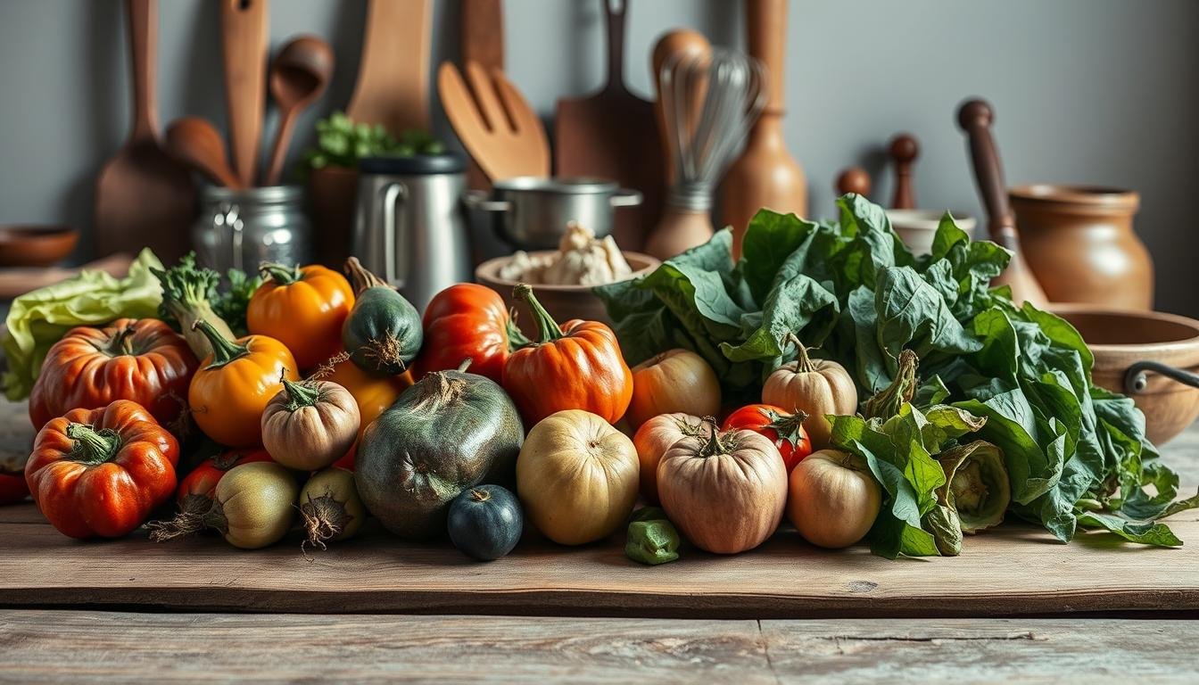 Casca de abóbora assada e folhas de cenoura usadas em receitas sustentáveis