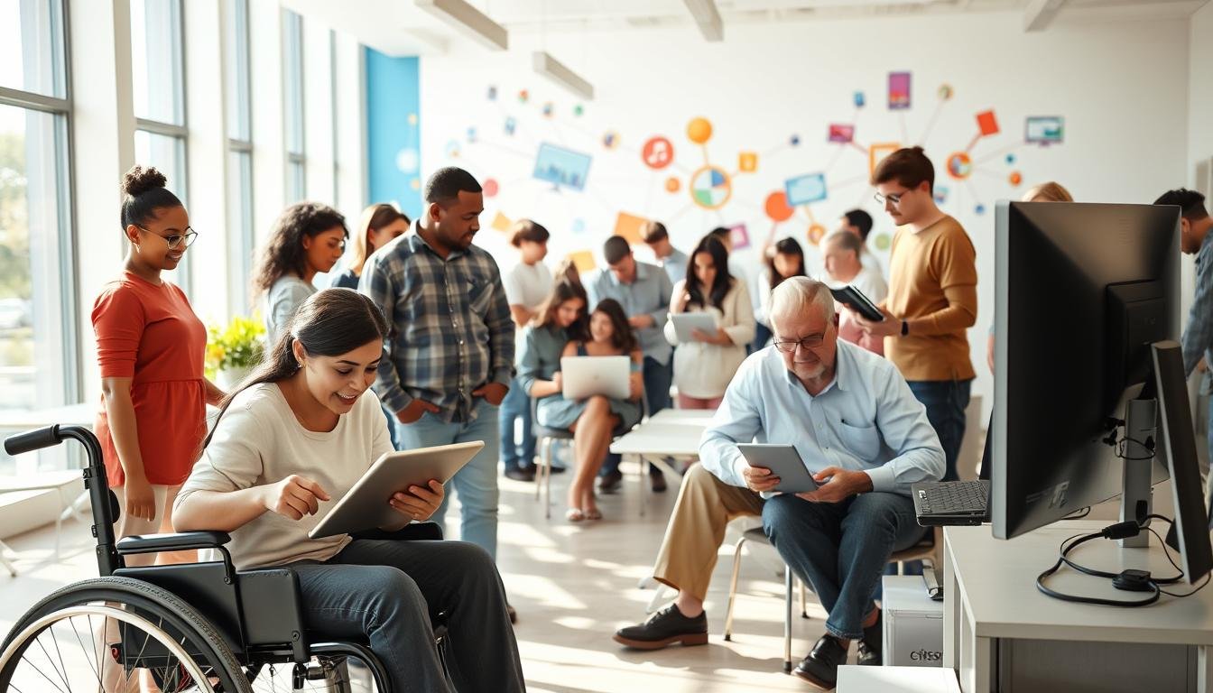 Pessoas utilizando computadores em centro de inclusão digital
