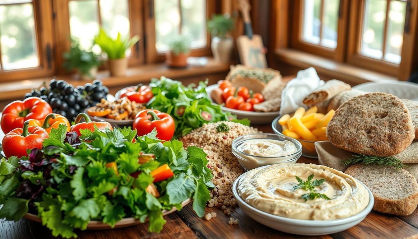 Hambúrguer plant-based com grão-de-bico e salada colorida