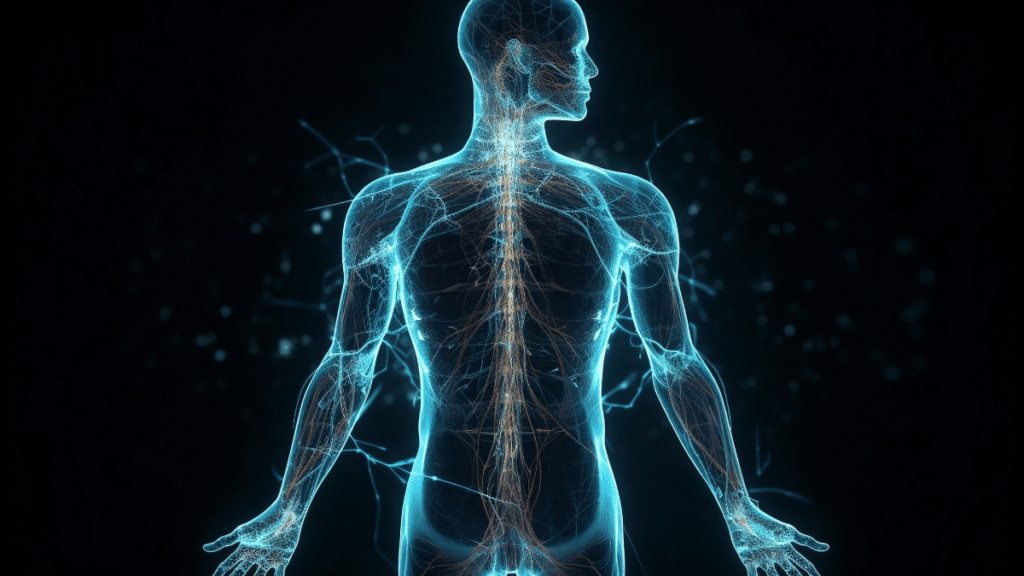 Ilustração digital do corpo humano com sistema nervoso em destaque