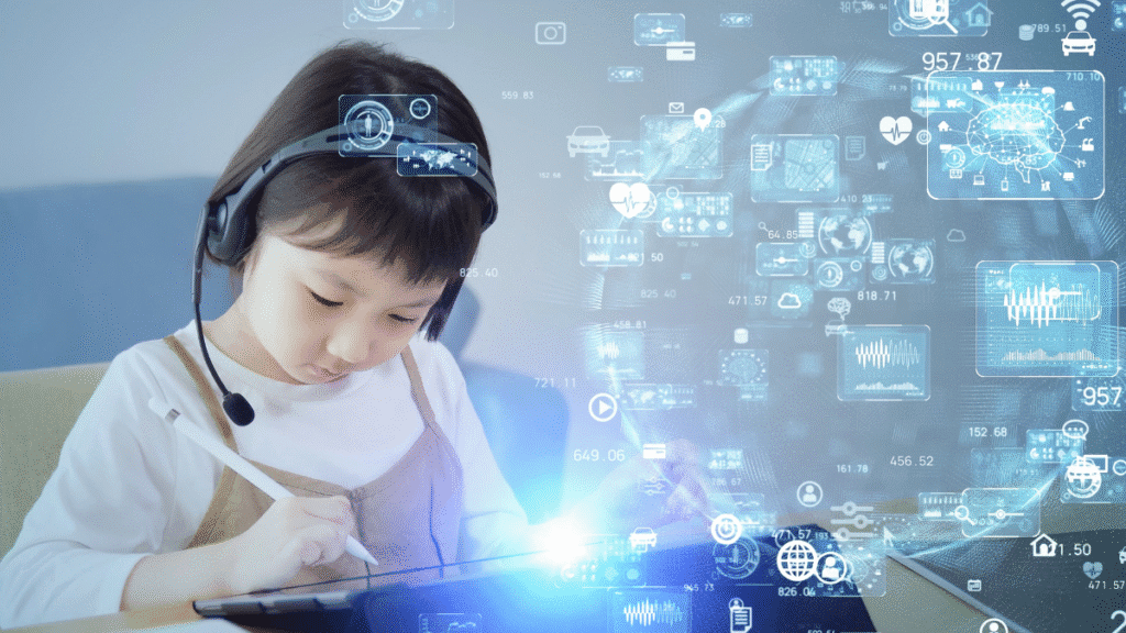 Criança usando tablet com caneta digital e headset, cercada por ícones tecnológicos virtuais